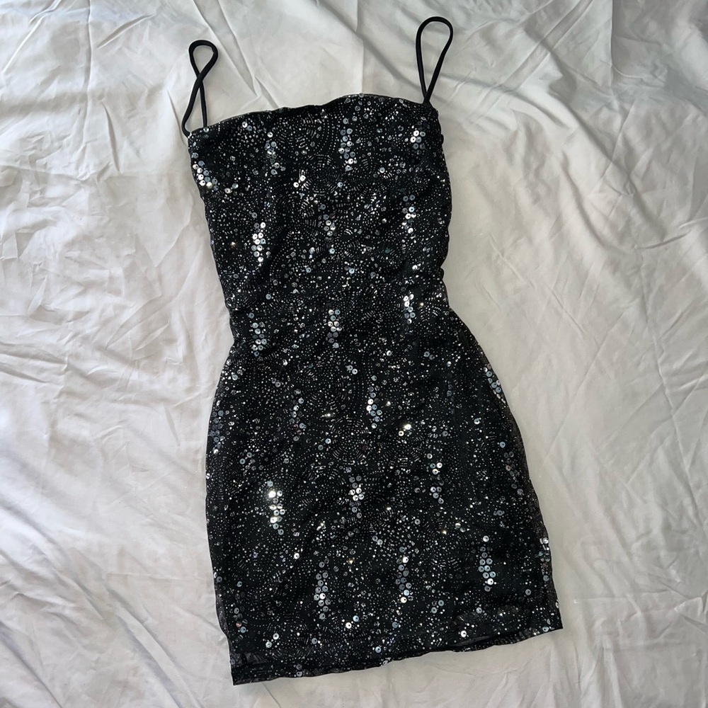 Sequined glittery black mini dress with straps